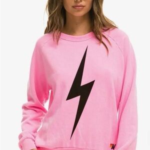 Aviator Nation Pink Crewneck with Black Lightning Graphic